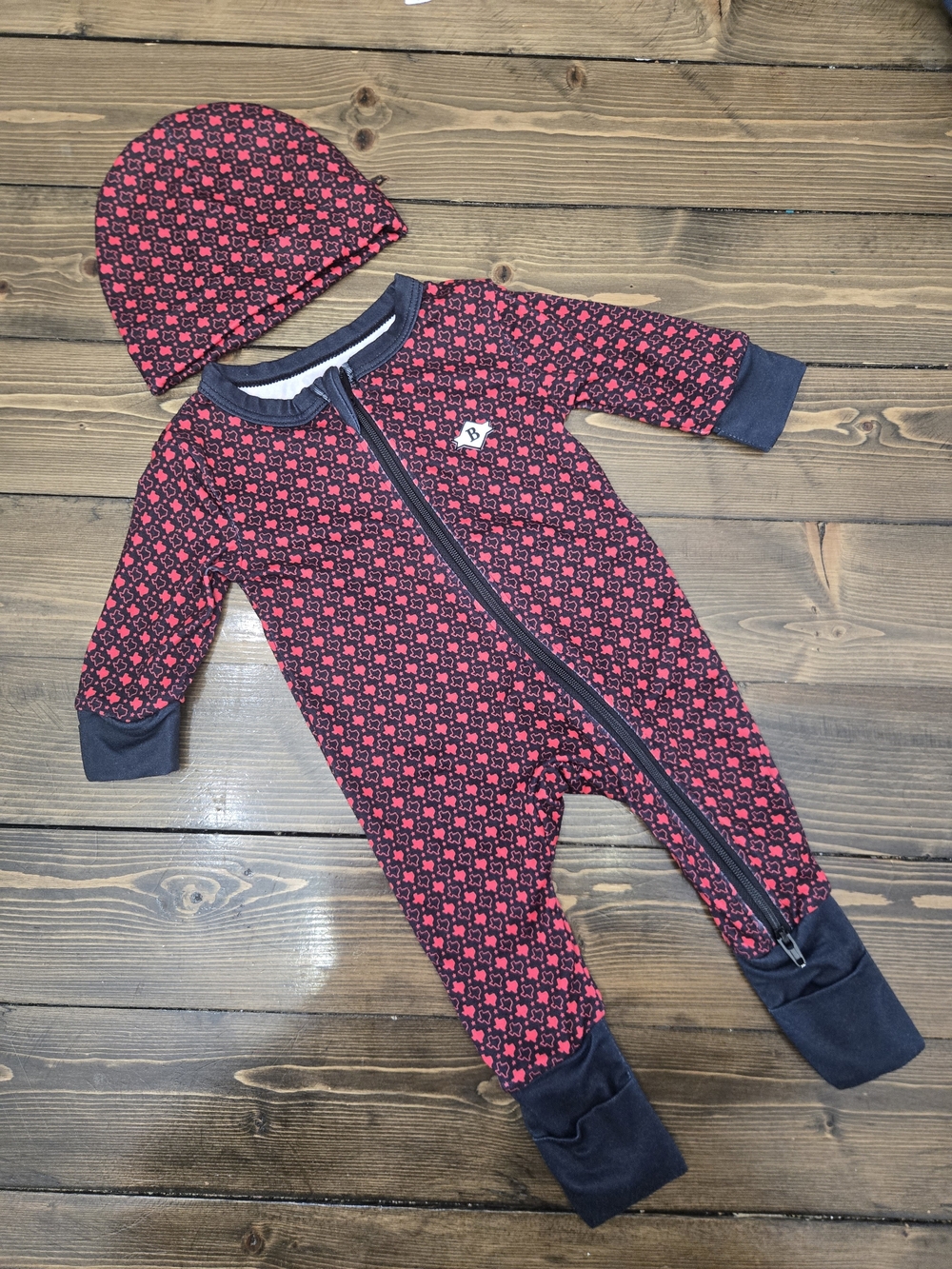 Newborn Bamboo BURLEBO Red And Black Texas Patterned Footed One-Piece with Hat